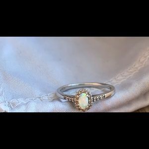 Sterling Silver Opal ring with diamond accent halo